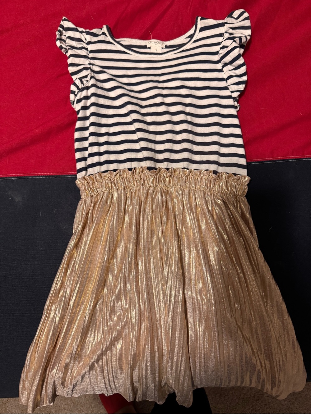 Crewcuts Navy & White Striped Top with Metallic Gold Pleated Skirt
